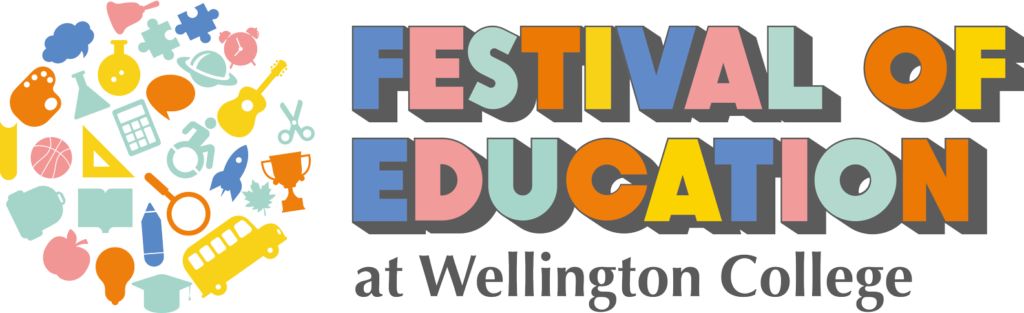 Colorful banner reading 'Festival of Education at Wellington College' with a left cluster of school icons (pencil, globe, bus, etc.).