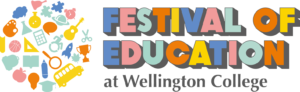 Colorful banner reading 'Festival of Education at Wellington College' with a left cluster of school icons (pencil, globe, bus, etc.).