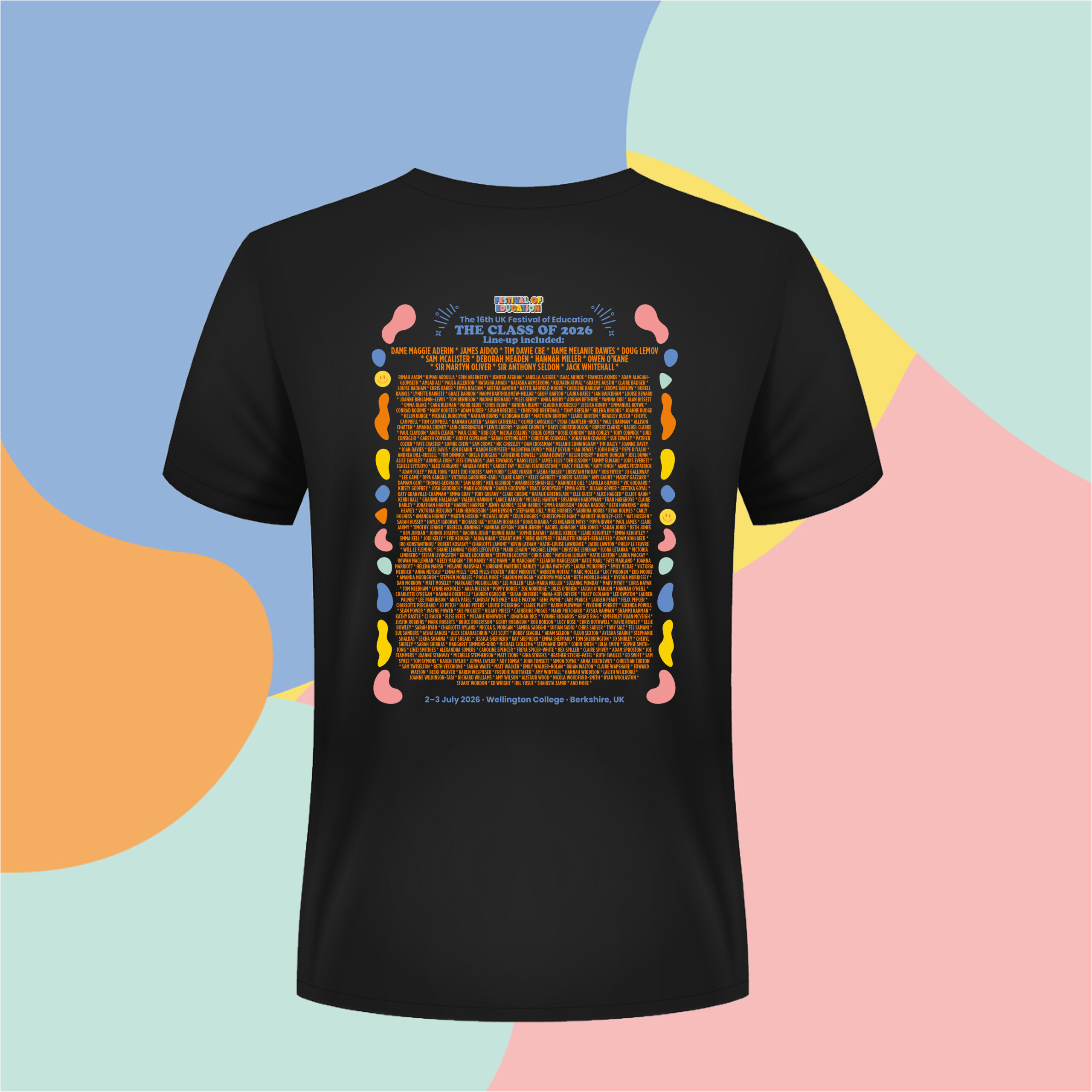 Black-T-shirt-back-1 | UK Festival of Education Black T-shirt with a colorful circular poster design reading 'The Class of 2026' and many small names, for a Festival of Education event.