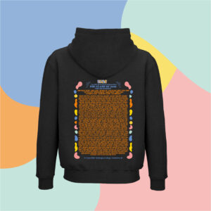 Back view of a black hoodie featuring a large circular infographic-style design with many small names in orange text and colorful pill-shaped markers around the edge; includes 'THE CLASS OF 2026' and event details at the bottom.