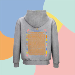 Back view of a gray hoodie with a colorful printed design on the chest, set against a pastel abstract background (festival of education text visible).
