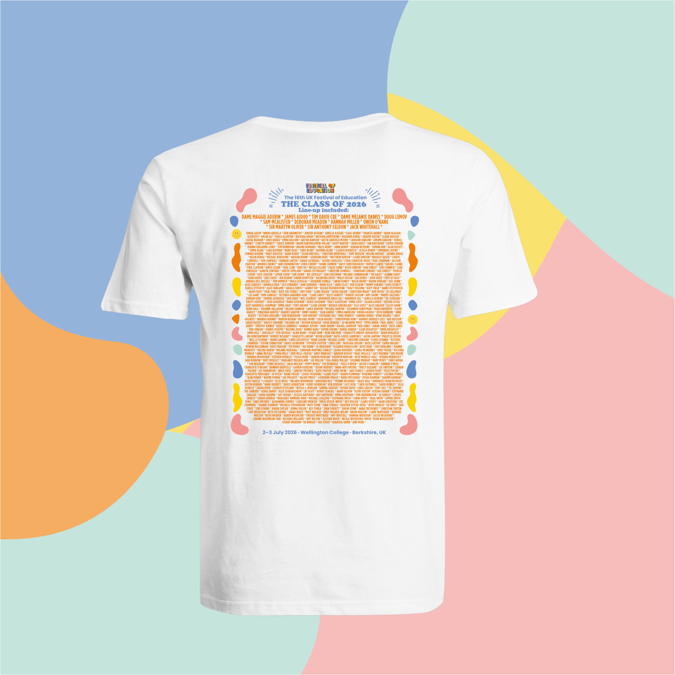White-T-shirt-back | UK Festival of Education White T-shirt featuring a colorful poster for Festival of Education: The Class of 2026 with many names listed