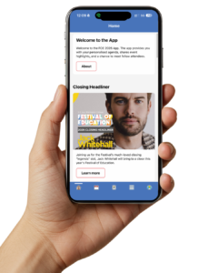Mobile app home screen with a blue header 'Home', a white Welcome card, and a 'Closing Headliner' festival poster below; a hand holds the phone