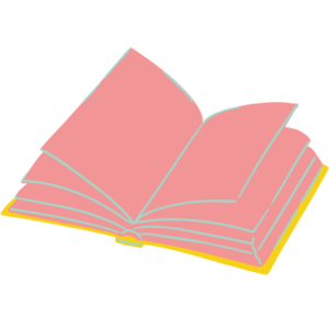 Open pink book with light blue outlines, lying on a yellow surface with pages fanned out.