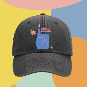Gray knit cap with a blue graphic and pink text reading "I TEACH. WHAT'S YOUR SUPERPOWER?" set against a colorful abstract backdrop.