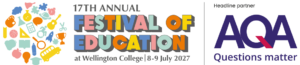 Collage of education icons on the left, a colorful 'Festival of Education' banner in the center, and the AQA 'Questions matter' logo on the right—promoting the 17th Annual Festival of Education at Wellington College, July 8–9, 2027.