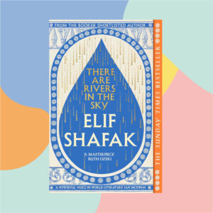 Book cover of 'There Are Rivers in the Sky' by Elif Shafak, features a blue triangular design with gold lettering and an orange spine reading the author’s name.