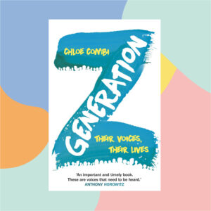 Poster featuring a blue brushstroke graphic with bold yellow 'CHLOE COMBI' text on white, bordered by a colorful abstract background.