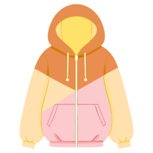 Color-block zip-up hoodie illustration with a brown hood, peach sleeves, and pink front pocket area.