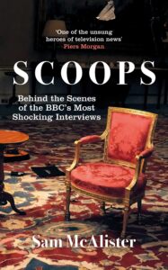 Book cover for Scoops: Behind the Scenes of the BBC's Most Shocking Interviews by Sam McAllister, with a red velvet chair in the foreground on a patterned carpet.