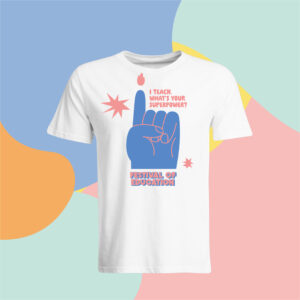 White T-shirt with a blue hand graphic and pink text reading