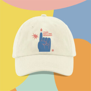 White baseball cap with a front graphic set against a colorful abstract backdrop.